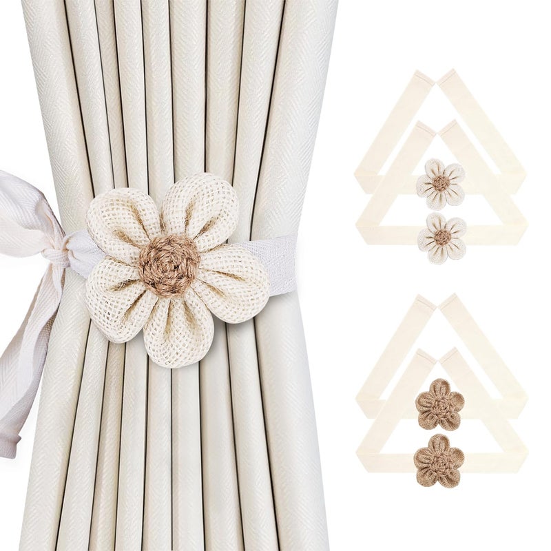 SRG 4pcs Handmade Rope Curtain Tiebacks | Boho Flower Curtain Holdbacks | Simple Elegant Sunflower Curtain Holders | Boho Bedroom Decor(Cream&Khaki) - Image 1